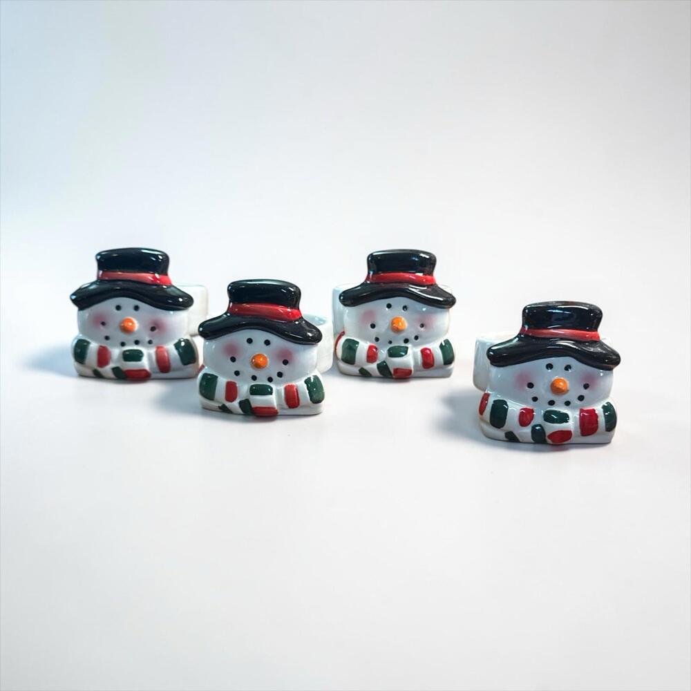 Ceramic Snowmen Napkin Rings Holders CHRISTMAS TABLE DECOR Holiday Set of 4
